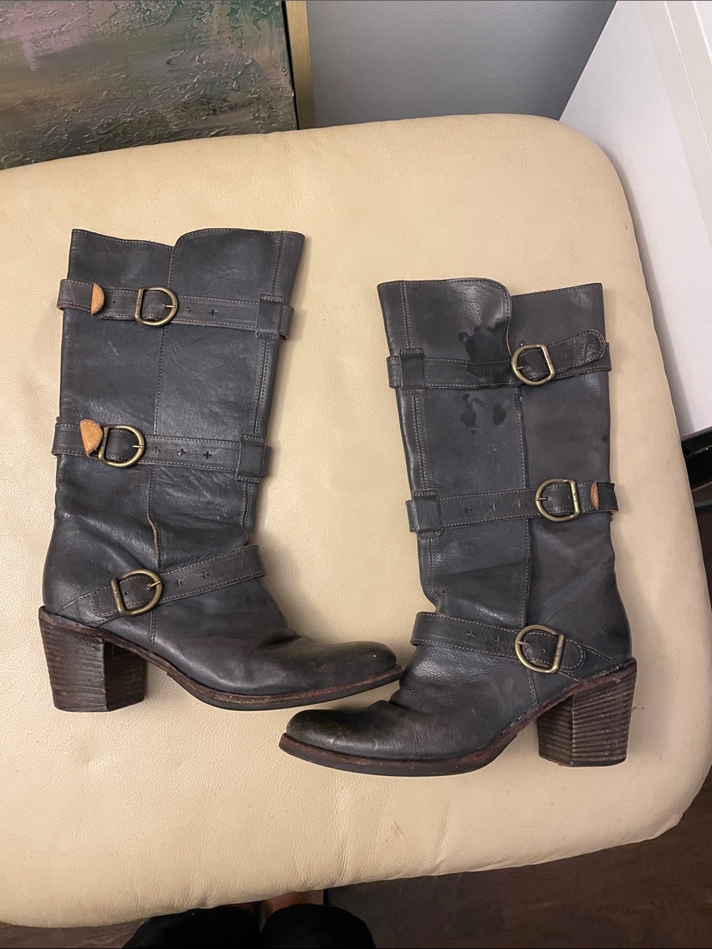 Gorgeous Fiorentini + Baker Dark Blue Gray Leather knee high Buckle Boots 40/9.5